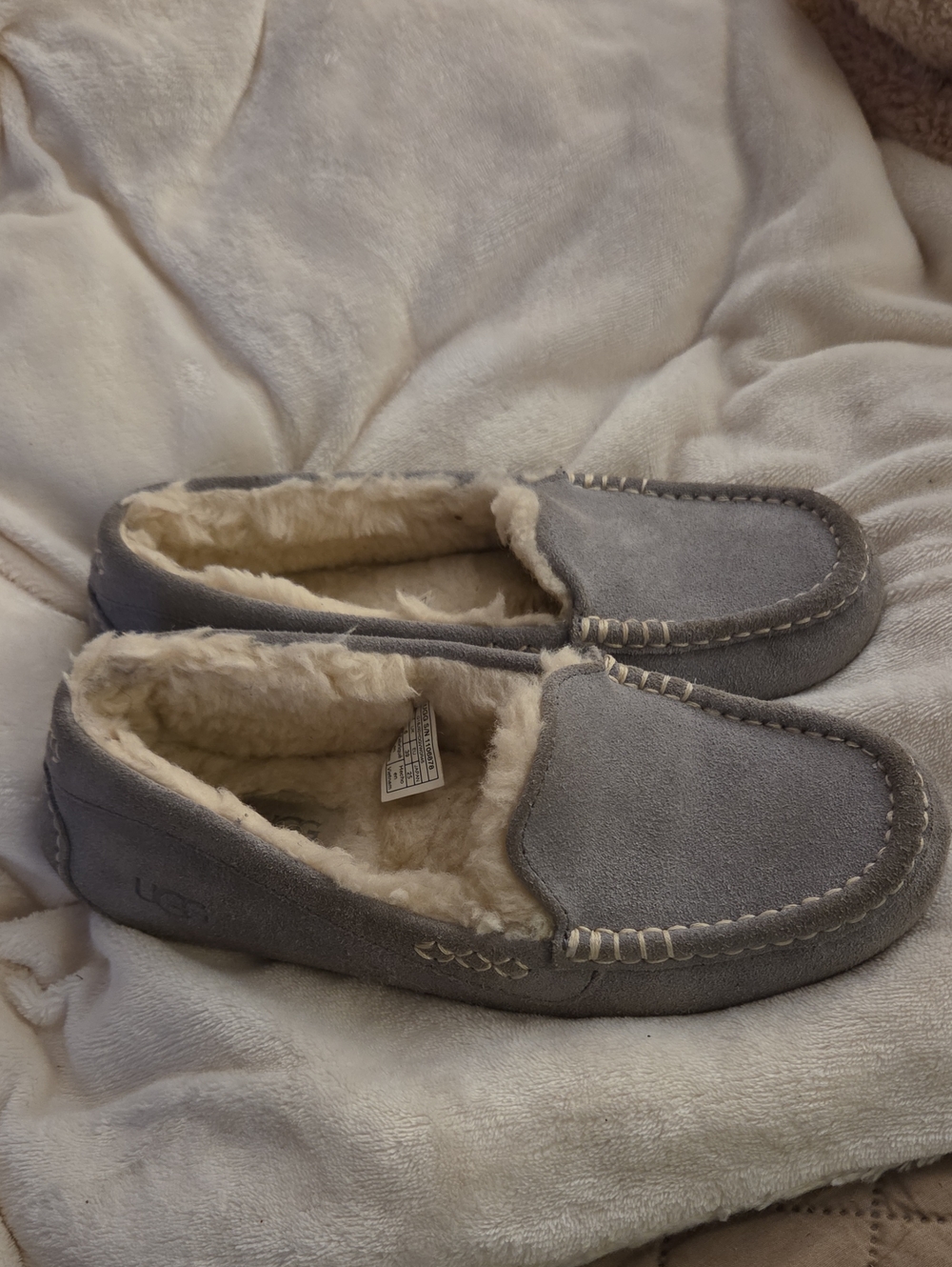 UGG Grey Suede Moccasin Slipper with Shearling Lining